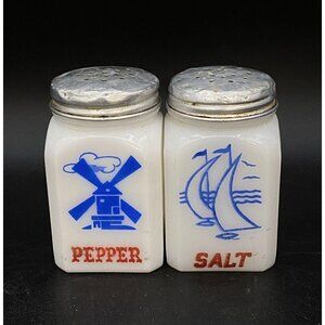 Tipp City Salt and Pepper Shaker Milk Glass Sailboats Dutch Windmill Mixed Set